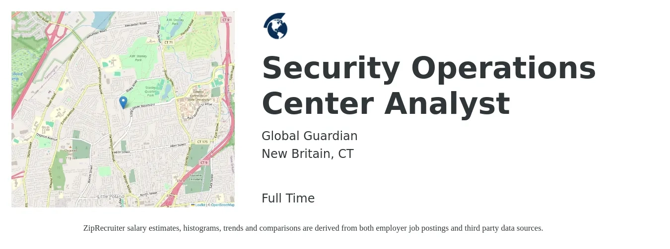 Global Guardian job posting for a Security Operations Center Analyst in New Britain, CT with a salary of $23 to $45 Hourly with a map of New Britain location.