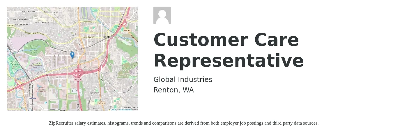 Global Industries job posting for a Customer Care Representative in Renton, WA with a salary of $21 to $22 Yearly with a map of Renton location.