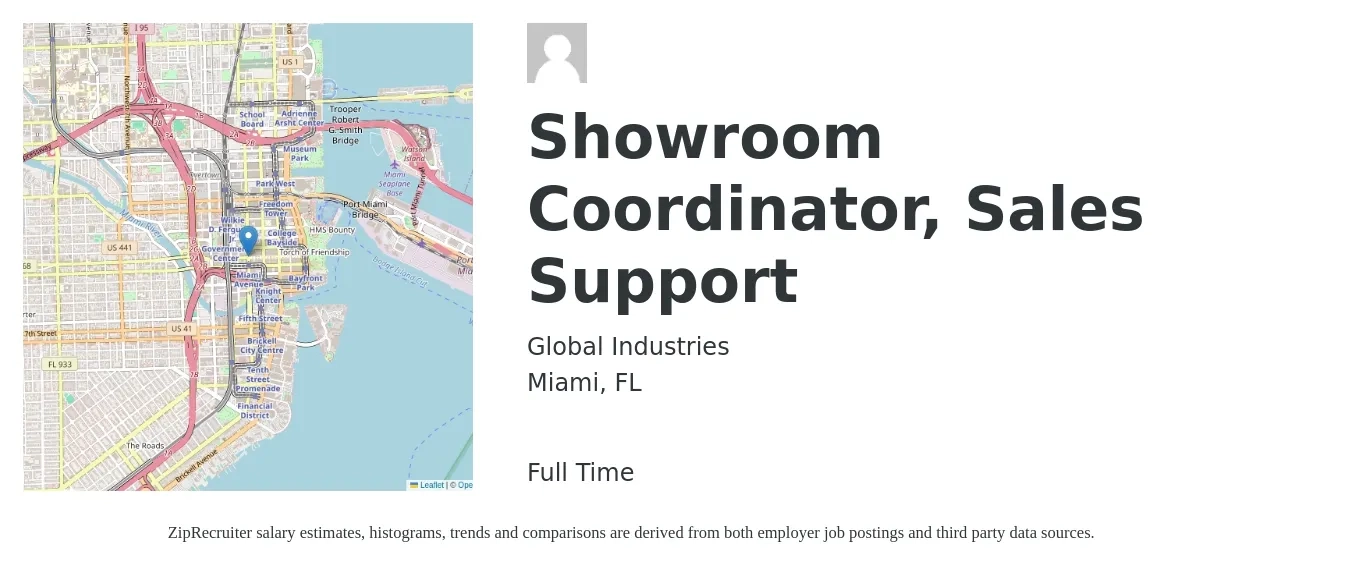 Global Industries job posting for a Showroom Coordinator, Sales Support in Miami, FL with a salary of $18 to $25 Hourly with a map of Miami location.