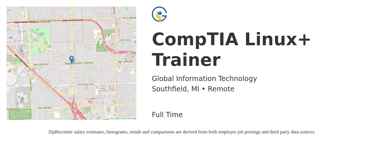 Global Information Technology job posting for a CompTIA Linux+ Trainer in Southfield, MI with a salary of $24 to $43 Hourly with a map of Southfield location.