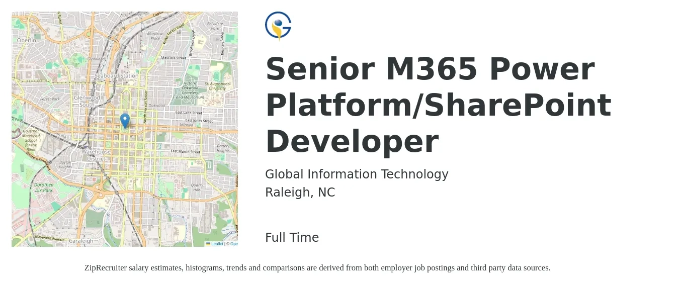 Global Information Technology job posting for a Senior M365 Power Platform/SharePoint Developer in Raleigh, NC with a salary of $105,500 to $126,400 Yearly with a map of Raleigh location.