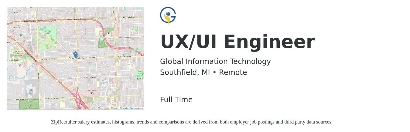 Global Information Technology job posting for a UX/UI Engineer in Southfield, MI with a salary of $86,200 to $107,300 Yearly with a map of Southfield location.