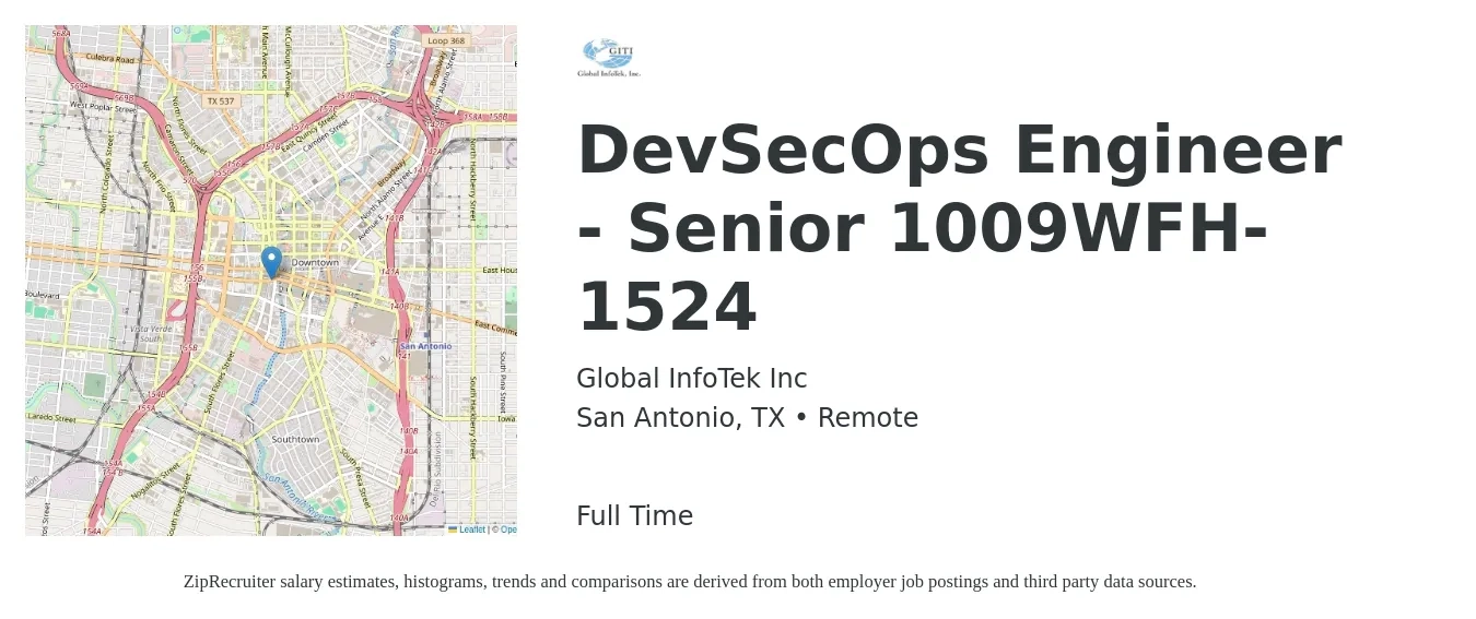 Global InfoTek Inc job posting for a DevSecOps Engineer - Senior 1009WFH-1524 in San Antonio, TX with a salary of $103,300 to $141,600 Yearly with a map of San Antonio location.