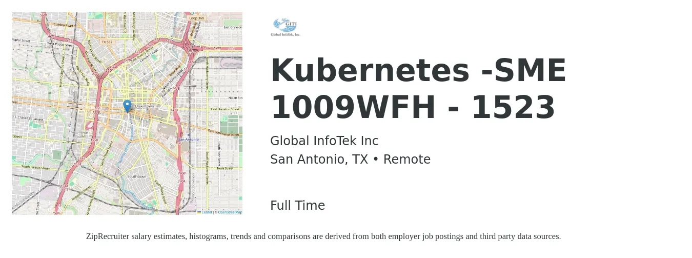 Global InfoTek Inc job posting for a Kubernetes -SME 1009WFH - 1523 in San Antonio, TX with a salary of $60 to $79 Hourly with a map of San Antonio location.