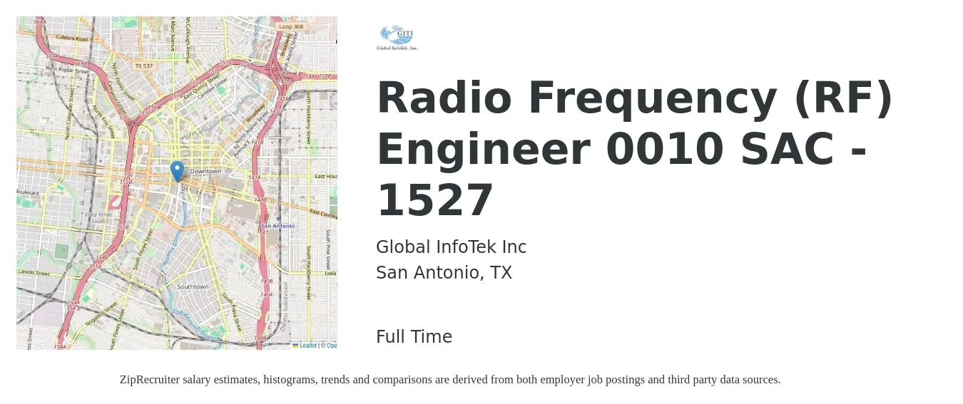 Global InfoTek Inc job posting for a Radio Frequency (RF) Engineer 0010 SAC - 1527 in San Antonio, TX with a salary of $87,900 to $125,400 Yearly with a map of San Antonio location.