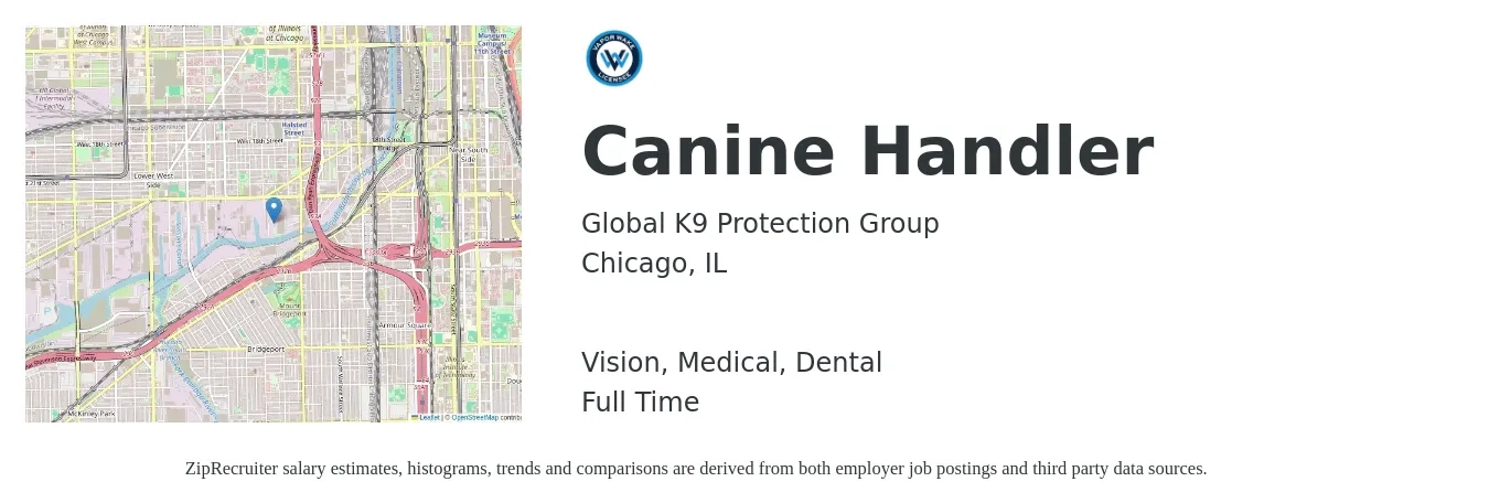 Global K9 Protection Group job posting for a Canine Handler in Chicago, IL with a salary of $17 to $20 Hourly and benefits including dental, life_insurance, medical, retirement, and vision with a map of Chicago location.