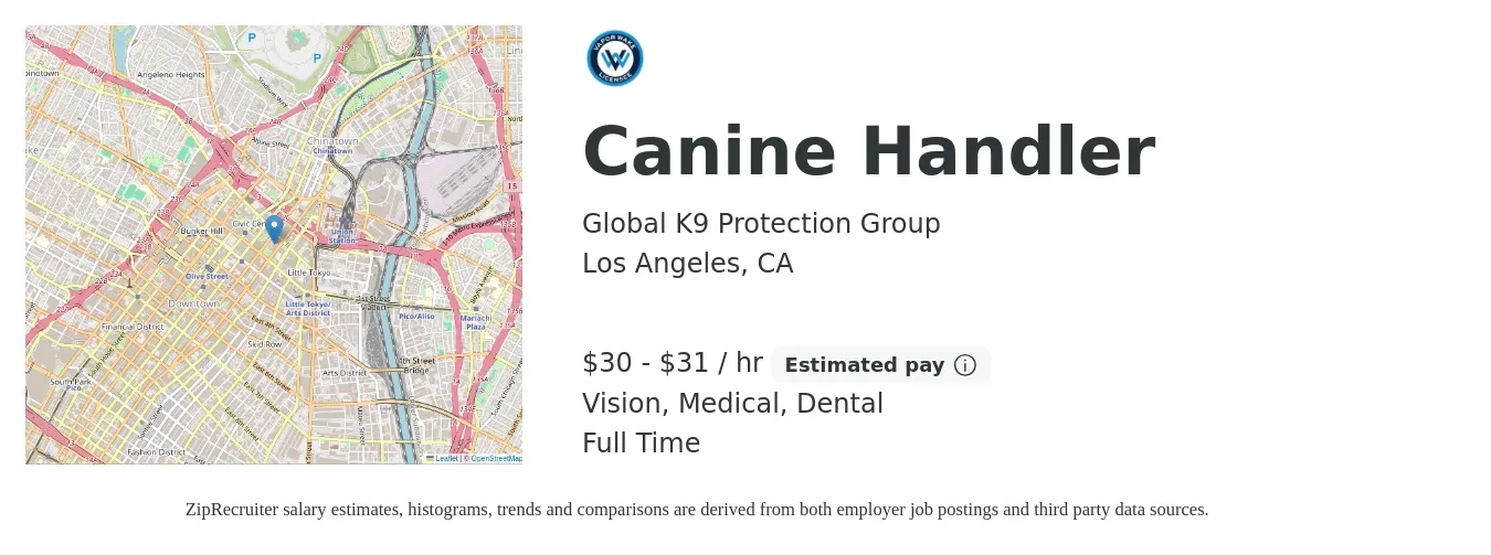 Global K9 Protection Group job posting for a Canine Handler in Los Angeles, CA with a salary of $31 to $33 Hourly and benefits including life_insurance, medical, retirement, vision, and dental with a map of Los Angeles location.
