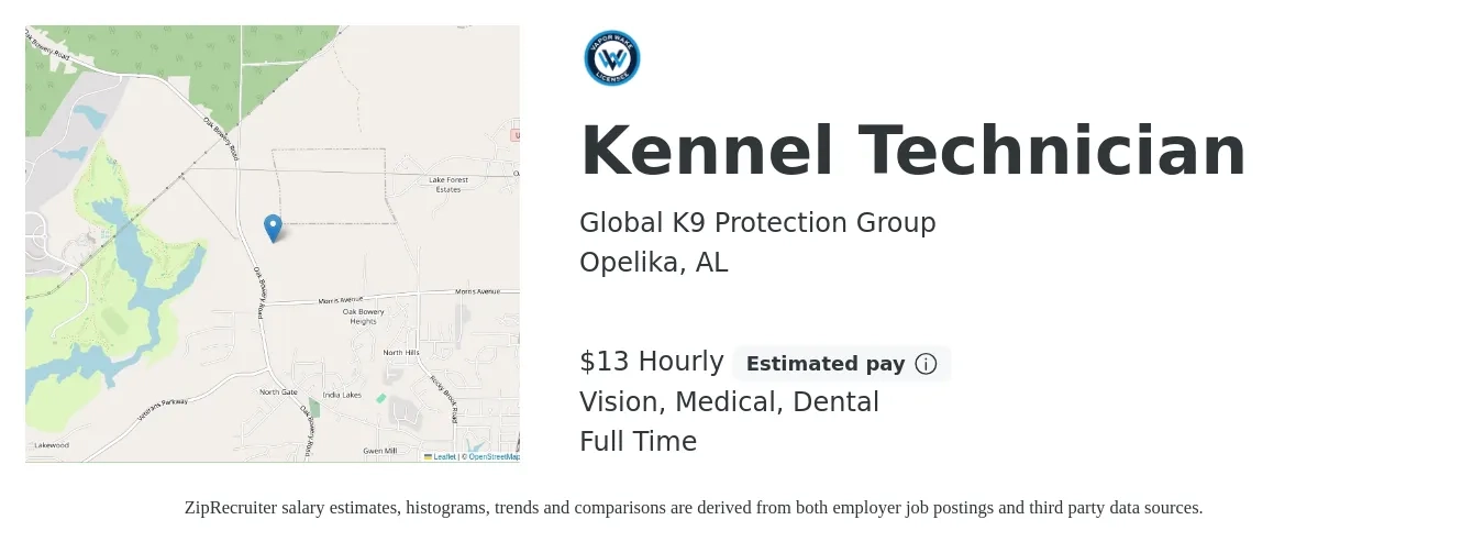 Global K9 Protection Group job posting for a Kennel Technician in Opelika, AL with a salary of $14 Hourly and benefits including dental, life_insurance, medical, retirement, and vision with a map of Opelika location.
