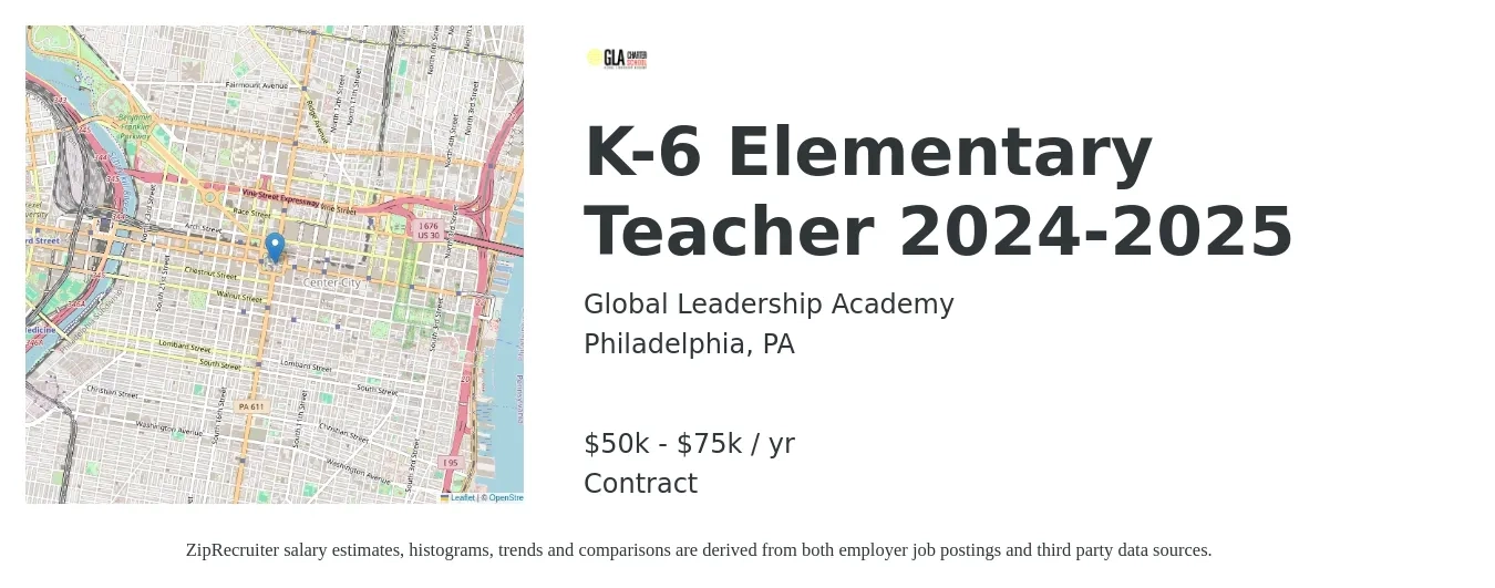Global Leadership Academy job posting for a K-6 Elementary Teacher 2024-2025 in Philadelphia, PA with a salary of $50,000 to $75,000 Yearly with a map of Philadelphia location.