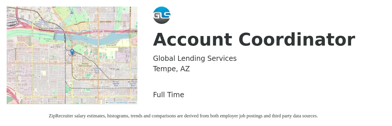 Global Lending Services job posting for a Account Coordinator in Tempe, AZ with a salary of $19 to $25 Hourly with a map of Tempe location.