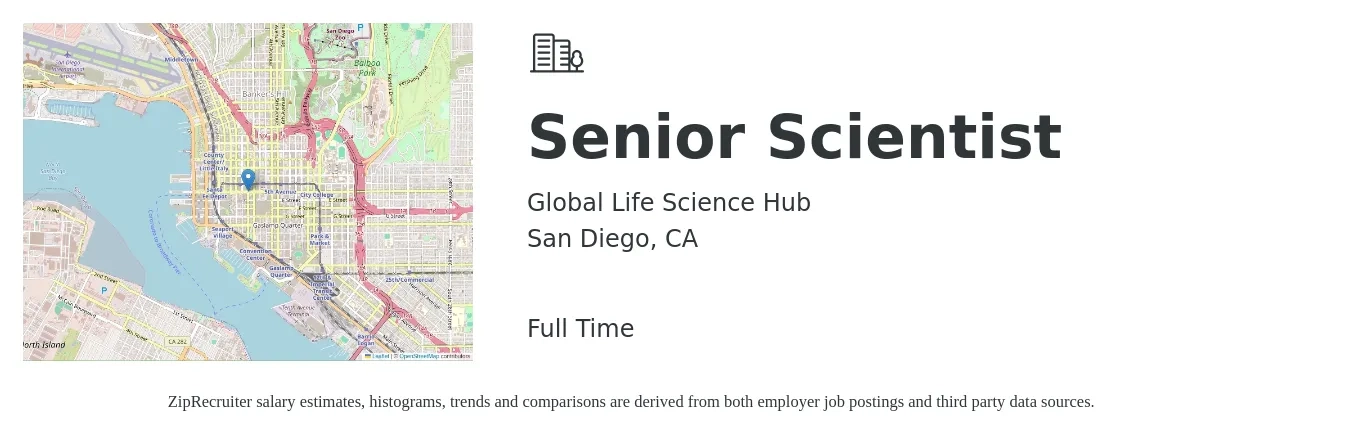 Global Life Science Hub job posting for a Senior Scientist in San Diego, CA with a salary of $97,100 to $132,700 Yearly with a map of San Diego location.
