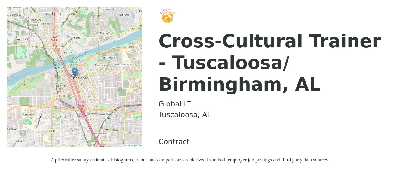 Global LT job posting for a Cross-Cultural Trainer - Tuscaloosa/ Birmingham, AL in Tuscaloosa, AL with a salary of $29 to $38 Hourly with a map of Tuscaloosa location.