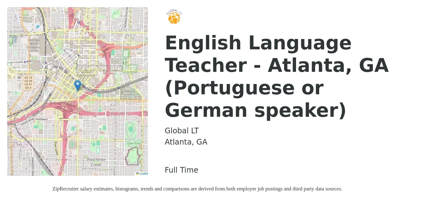 Global LT job posting for a English Language Teacher - Atlanta, GA (Portuguese or German speaker) in Atlanta, GA with a salary of $44,200 to $58,700 Yearly with a map of Atlanta location.