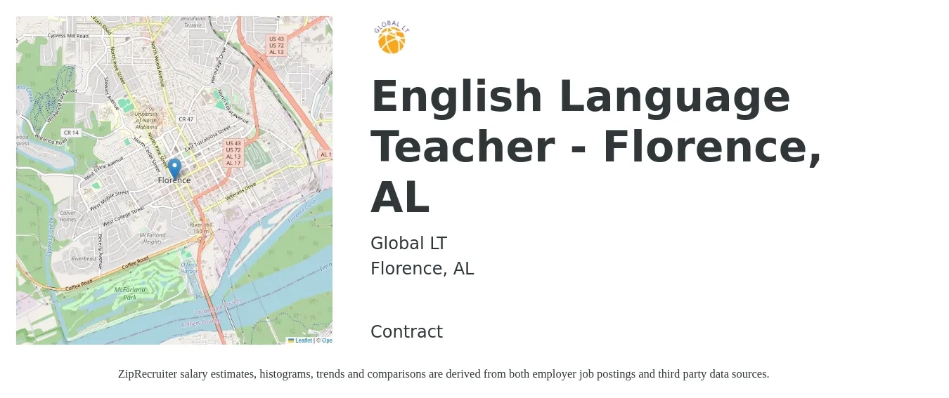 Global LT job posting for a English Language Teacher - Florence, AL in Florence, AL with a salary of $41,300 to $54,800 Yearly with a map of Florence location.