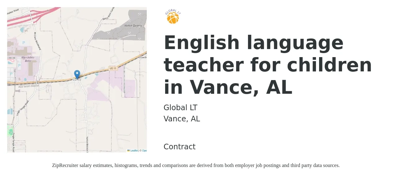 Global LT job posting for a English language teacher for children in Vance, AL in Vance, AL with a salary of $41,300 to $54,700 Yearly with a map of Vance location.