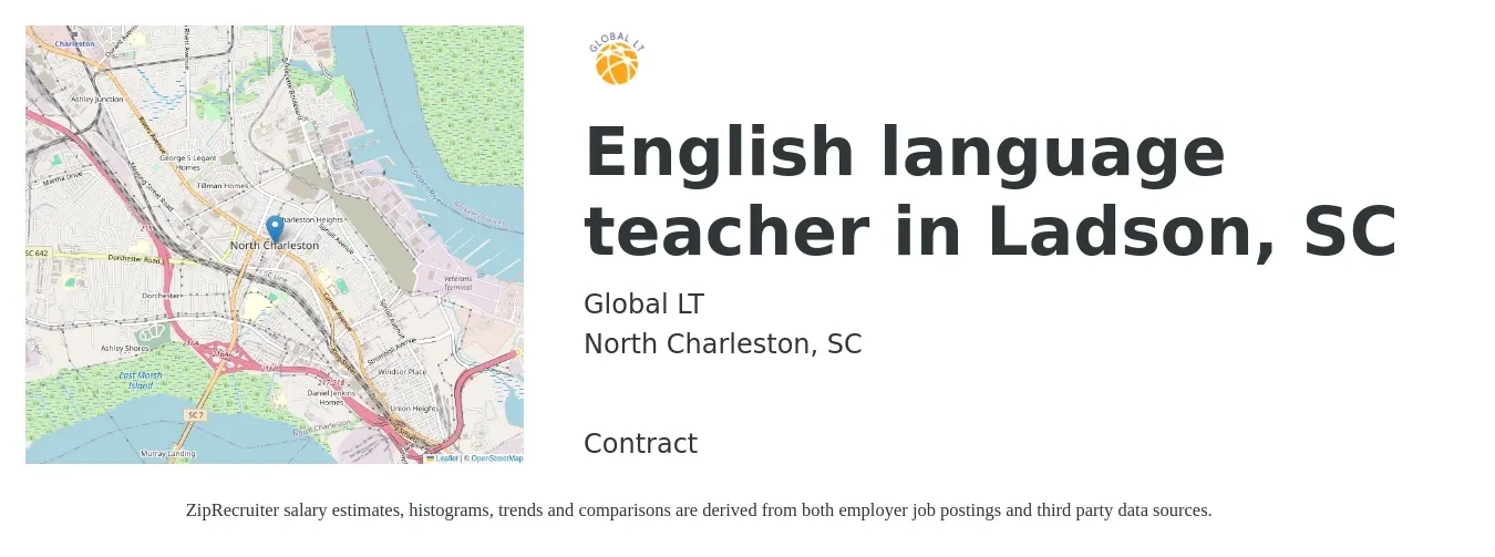 Global LT job posting for a English language teacher in Ladson, SC in North Charleston, SC with a salary of $37,900 to $52,900 Yearly with a map of North Charleston location.