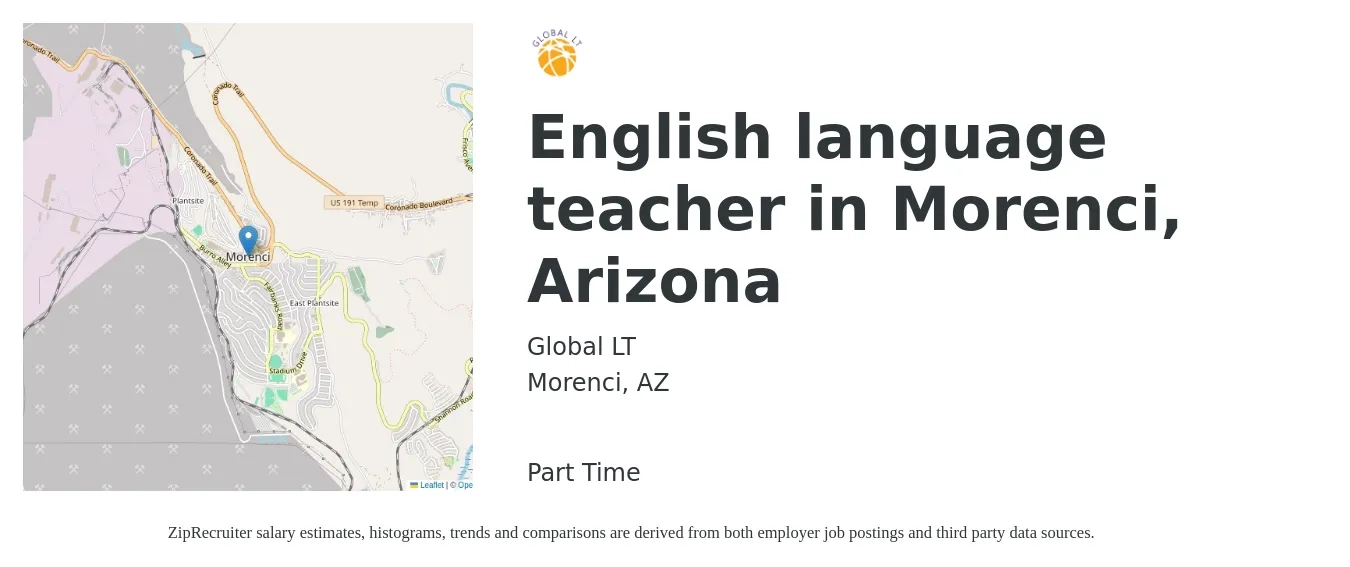 Global LT job posting for a English language teacher in Morenci, Arizona in Morenci, AZ with a salary of $42,100 to $58,700 Yearly with a map of Morenci location.