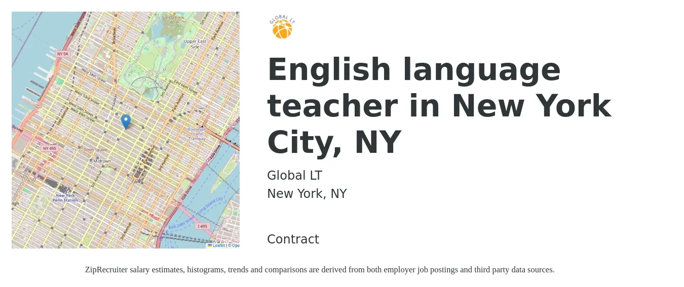 Global LT job posting for a English language teacher in New York City, NY in New York, NY with a salary of $47,300 to $66,100 Yearly with a map of New York location.