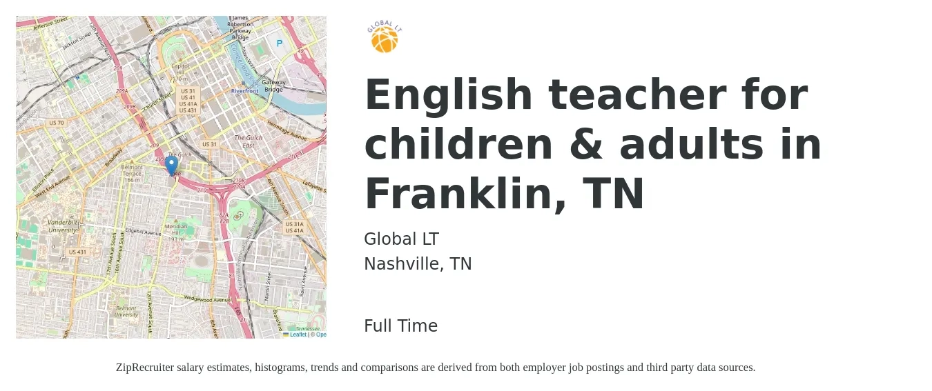 Global LT job posting for a English teacher for children & adults in Franklin, TN in Nashville, TN with a salary of $43,500 to $58,900 Yearly with a map of Nashville location.
