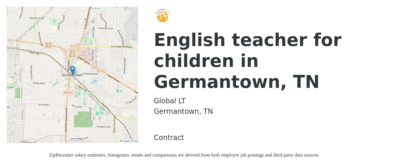 Global LT job posting for a English teacher for children in Germantown, TN in Germantown, TN with a salary of $40,400 to $54,700 Yearly with a map of Germantown location.