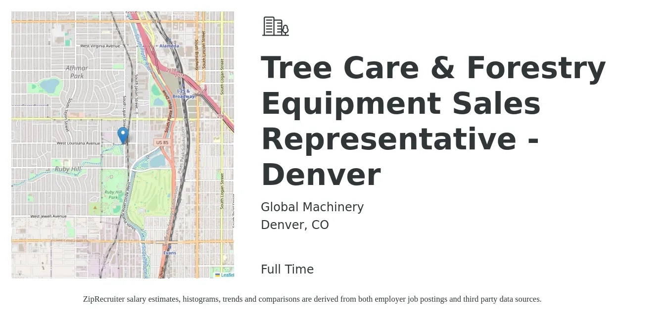 Global Machinery job posting for a Tree Care & Forestry Equipment Sales Representative - Denver in Denver, CO with a salary of $41,200 to $72,000 Yearly with a map of Denver location.