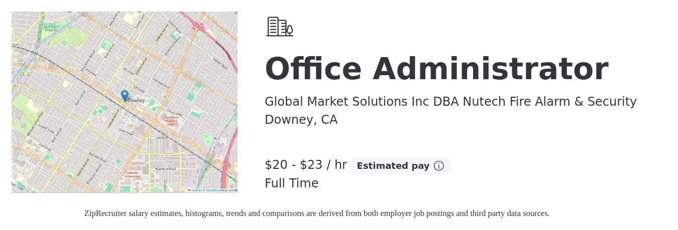 Global Market Solutions Inc DBA Nutech Fire Alarm & Security job posting for a Office Administrator in Downey, CA with a salary of $21 to $24 Hourly with a map of Downey location.