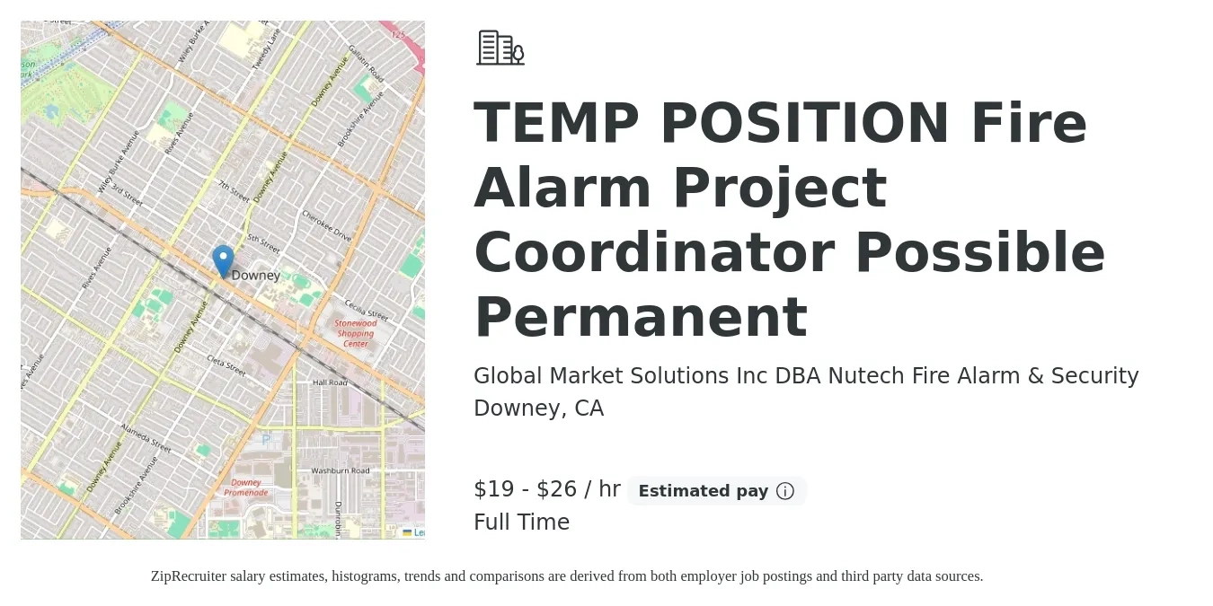 Global Market Solutions Inc DBA Nutech Fire Alarm & Security job posting for a TEMP POSITION Fire Alarm Project Coordinator Possible Permanent in Downey, CA with a salary of $20 to $28 Hourly with a map of Downey location.