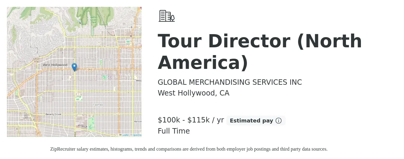 GLOBAL MERCHANDISING SERVICES INC job posting for a Tour Director (North America) in West Hollywood, CA with a salary of $100,000 to $115,000 Yearly with a map of West Hollywood location.