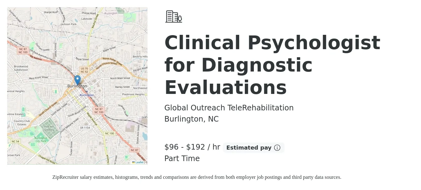 Global Outreach TeleRehabilitation job posting for a Clinical Psychologist for Diagnostic Evaluations in Burlington, NC with a salary of $100 to $200 Hourly with a map of Burlington location.