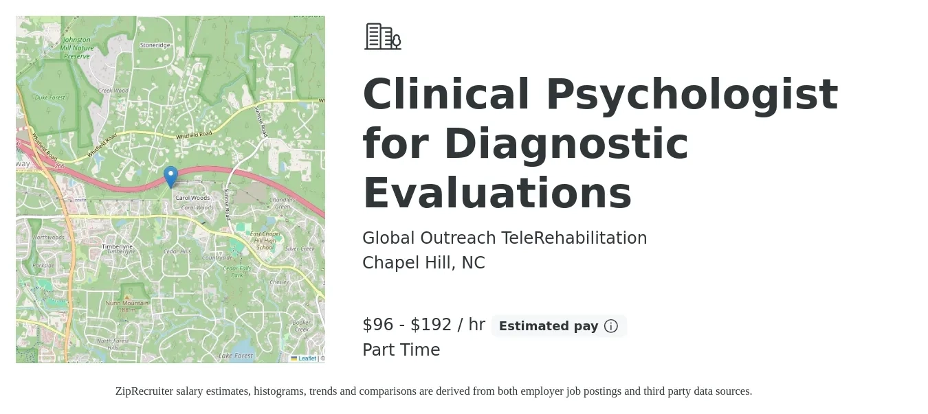 Global Outreach TeleRehabilitation job posting for a Clinical Psychologist for Diagnostic Evaluations in Chapel Hill, NC with a salary of $100 to $200 Hourly with a map of Chapel Hill location.