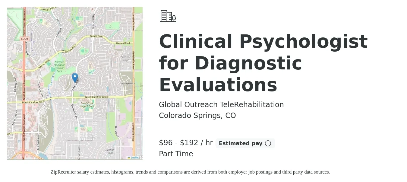 Global Outreach TeleRehabilitation job posting for a Clinical Psychologist for Diagnostic Evaluations in Colorado Springs, CO with a salary of $100 to $200 Hourly with a map of Colorado Springs location.