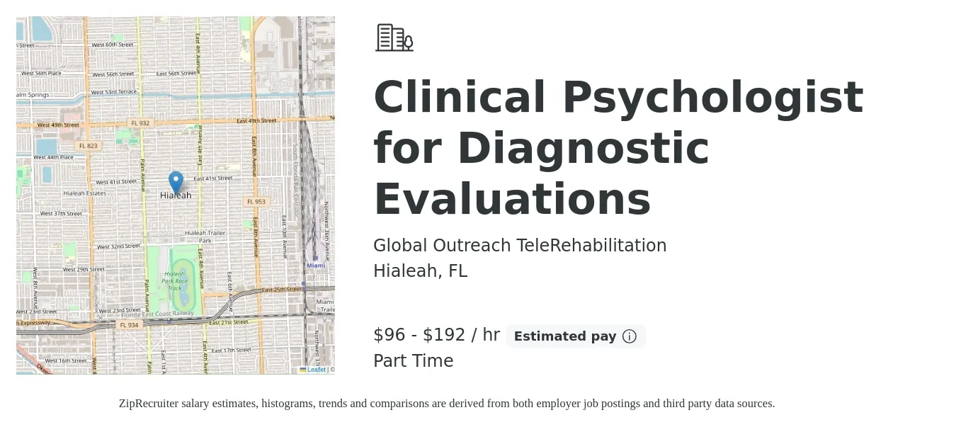 Global Outreach TeleRehabilitation job posting for a Clinical Psychologist for Diagnostic Evaluations in Hialeah, FL with a salary of $100 to $200 Hourly with a map of Hialeah location.