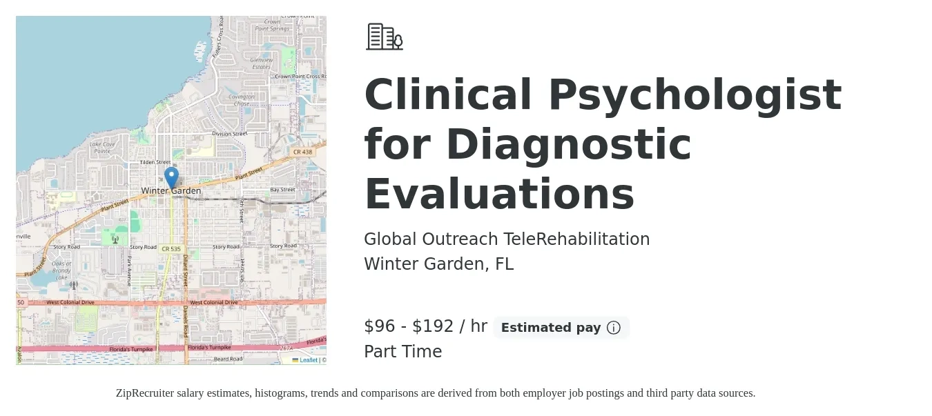 Global Outreach TeleRehabilitation job posting for a Clinical Psychologist for Diagnostic Evaluations in Winter Garden, FL with a salary of $100 to $200 Hourly with a map of Winter Garden location.