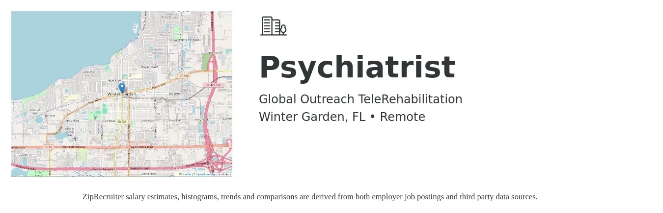 Global Outreach TeleRehabilitation job posting for a Psychiatrist in Winter Garden, FL with a salary of $150,000 to $280,000 Yearly with a map of Winter Garden location.