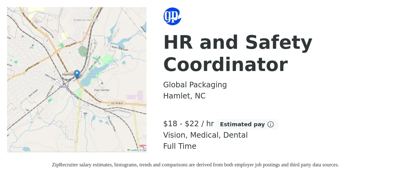 Global Packaging job posting for a HR and Safety Coordinator in Hamlet, NC with a salary of $19 to $23 Hourly and benefits including dental, life_insurance, medical, pto, retirement, and vision with a map of Hamlet location.