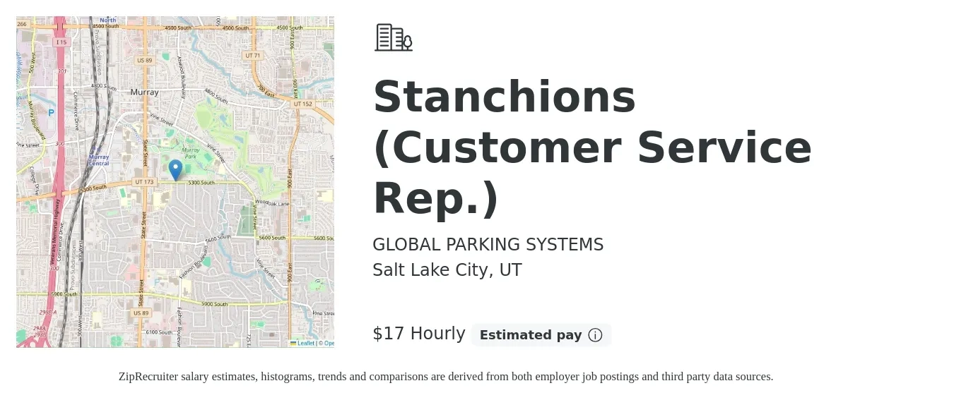 GLOBAL PARKING SYSTEMS job posting for a Stanchions (Customer Service Rep.) in Salt Lake City, UT with a salary of $18 Hourly with a map of Salt Lake City location.