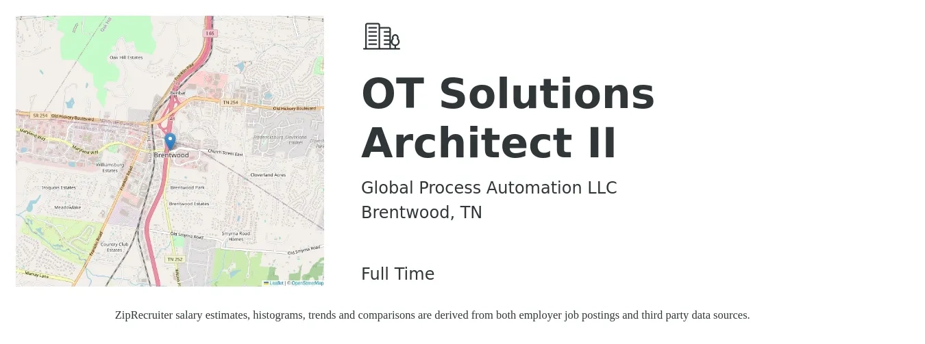 Global Process Automation LLC job posting for a OT Solutions Architect II in Brentwood, TN with a salary of $60 to $78 Hourly with a map of Brentwood location.