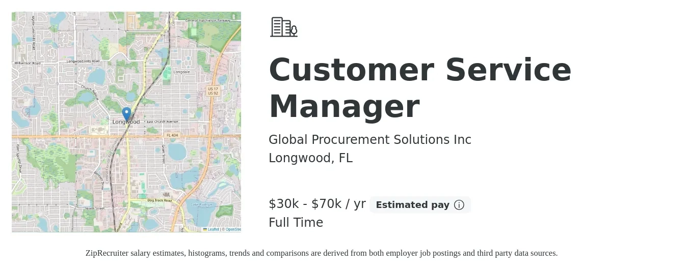Global Procurement Solutions Inc job posting for a Customer Service Manager in Longwood, FL with a salary of $30,000 to $70,000 Yearly with a map of Longwood location.