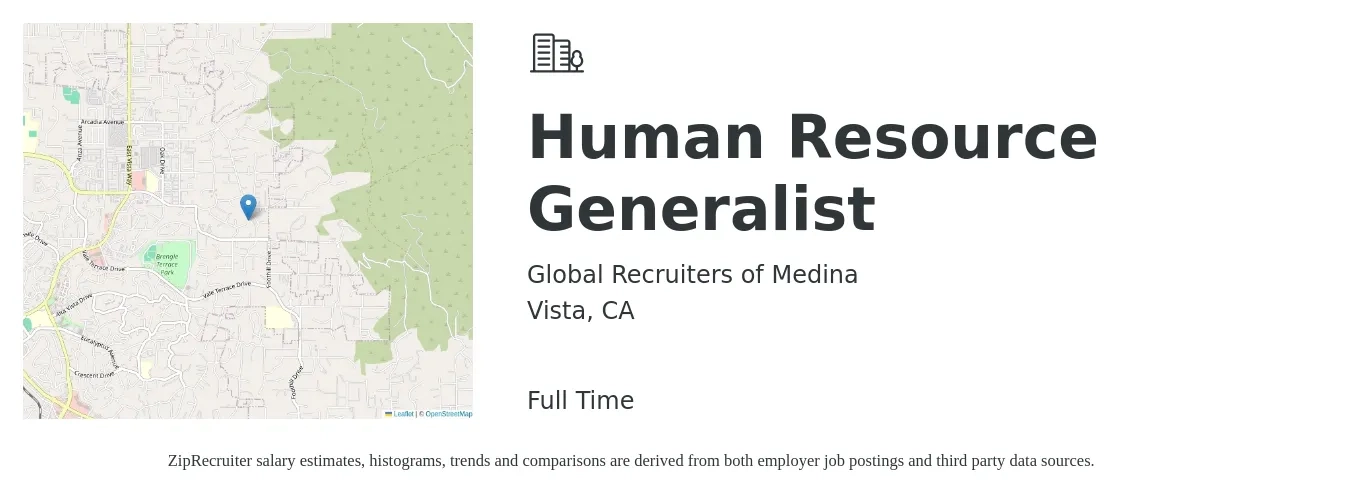 Global Recruiters of Medina job posting for a Human Resource Generalist in Vista, CA with a salary of $53,200 to $75,600 Yearly with a map of Vista location.