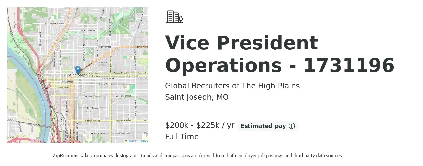 Global Recruiters of The High Plains job posting for a Vice President Operations - 1731196 in Saint Joseph, MO with a salary of $200,000 to $225,000 Yearly with a map of Saint Joseph location.