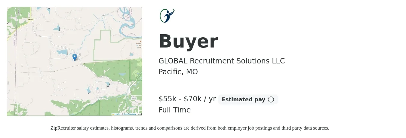 GLOBAL Recruitment Solutions LLC job posting for a Buyer in Pacific, MO with a salary of $48,500 to $72,400 Yearly with a map of Pacific location.