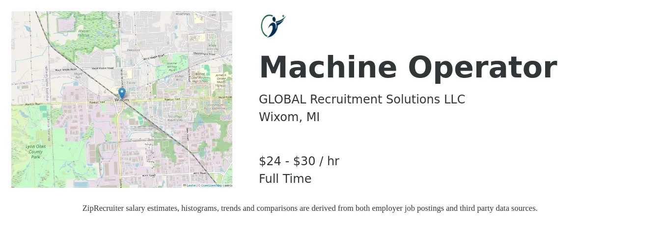 GLOBAL Recruitment Solutions LLC job posting for a Machine Operator in Wixom, MI with a salary of $25 to $32 Hourly with a map of Wixom location.