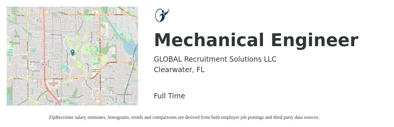 GLOBAL Recruitment Solutions LLC job posting for a Mechanical Engineer in Clearwater, FL with a salary of $75,100 to $116,600 Yearly with a map of Clearwater location.