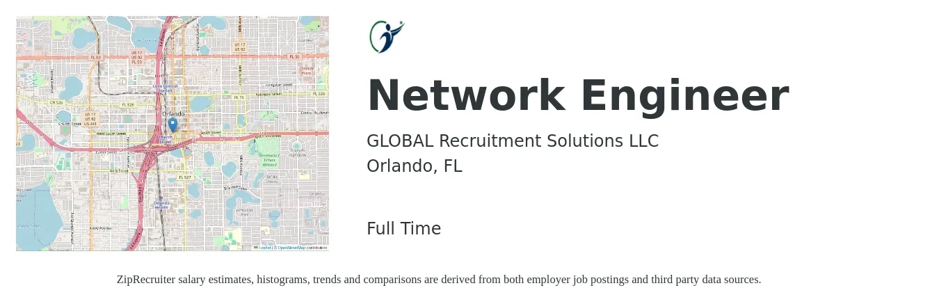 GLOBAL Recruitment Solutions LLC job posting for a Network Engineer in Orlando, FL with a salary of $75,500 to $113,200 Yearly with a map of Orlando location.