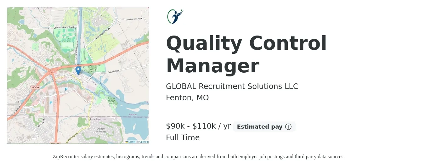GLOBAL Recruitment Solutions LLC job posting for a Quality Control Manager in Fenton, MO with a salary of $57,600 to $95,300 Yearly with a map of Fenton location.