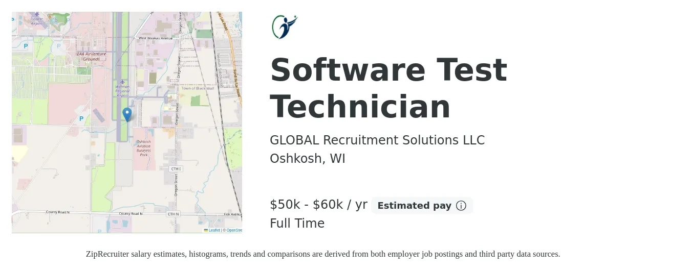 GLOBAL Recruitment Solutions LLC job posting for a Software Test Technician in Oshkosh, WI with a salary of $24 to $59 Hourly with a map of Oshkosh location.