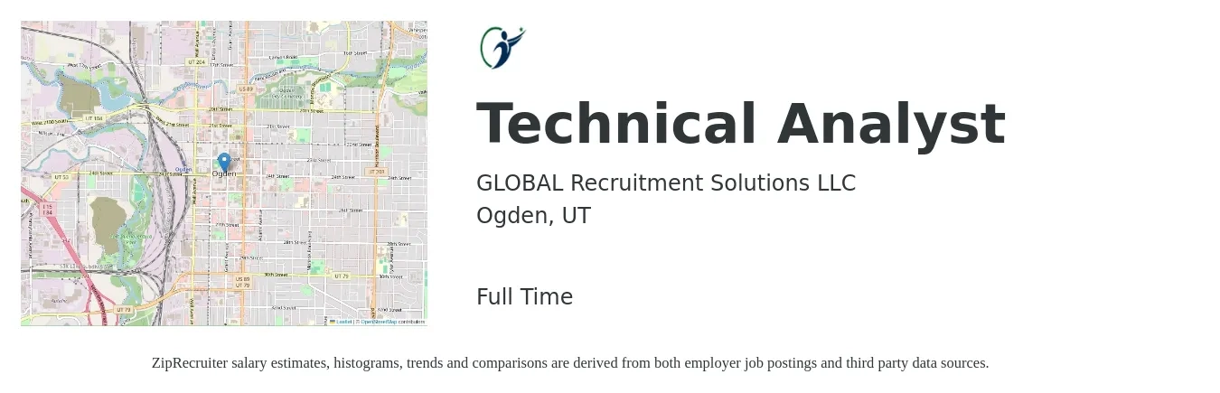 GLOBAL Recruitment Solutions LLC job posting for a Technical Analyst in Ogden, UT with a salary of $66,000 to $98,300 Yearly with a map of Ogden location.
