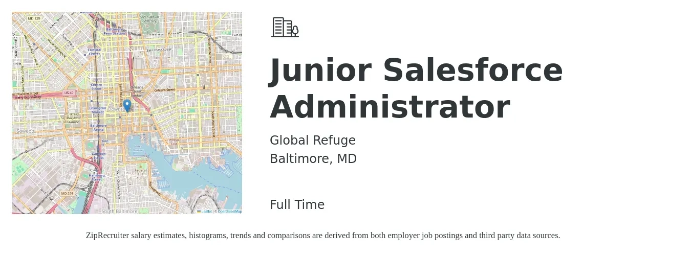 Global Refuge job posting for a Junior Salesforce Administrator in Baltimore, MD with a salary of $75,000 to $118,200 Yearly with a map of Baltimore location.