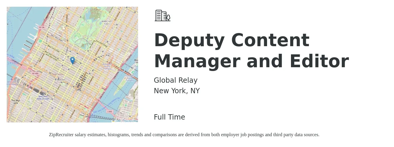 Global Relay job posting for a Deputy Content Manager and Editor in New York, NY with a salary of $99,000 to $131,300 Yearly with a map of New York location.