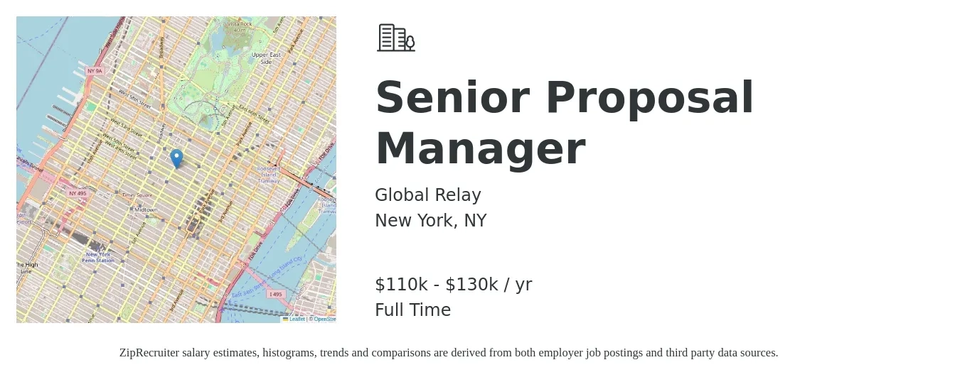 Global Relay job posting for a Senior Proposal Manager in New York, NY with a salary of $110,000 to $130,000 Yearly with a map of New York location.